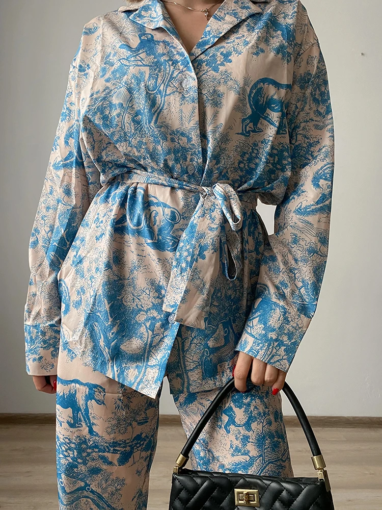Printed Pants Sets For Women 2 Pieces Luxury Loose Suits Long Sleeve Shirts With Belt And Pant Two Piece Set Women Trouser Suits