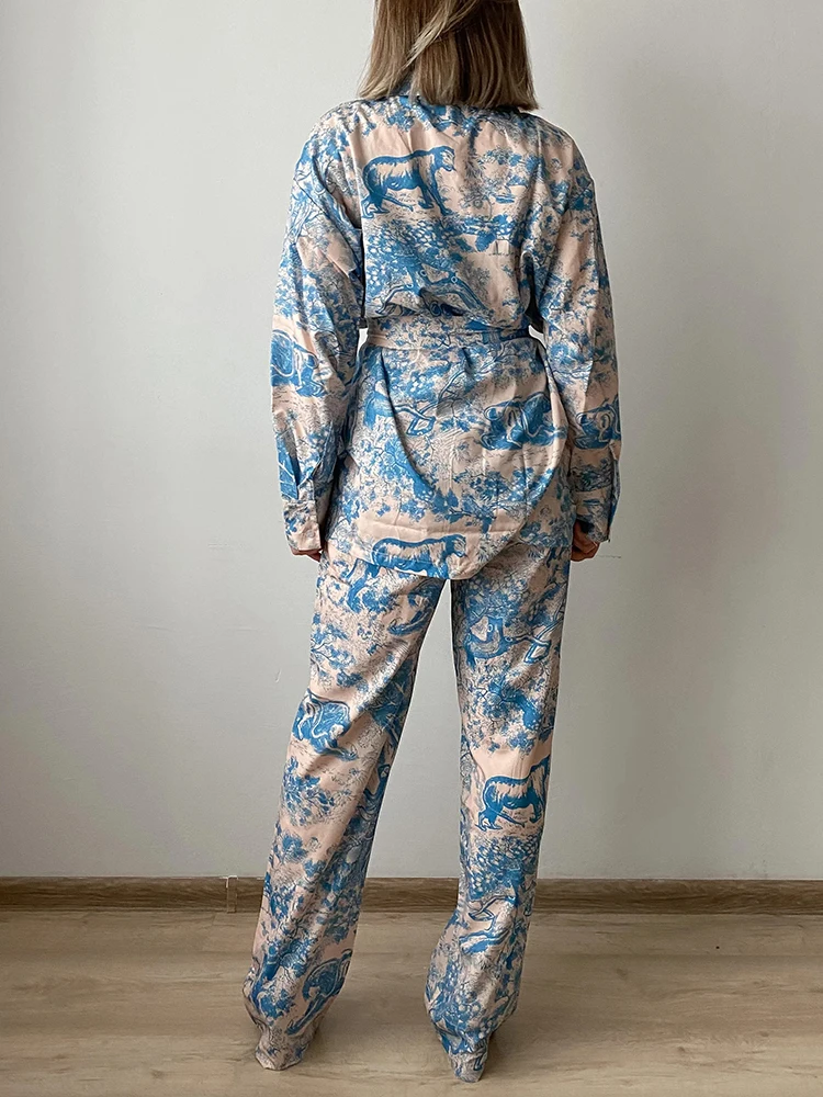 Printed Pants Sets For Women 2 Pieces Luxury Loose Suits Long Sleeve Shirts With Belt And Pant Two Piece Set Women Trouser Suits