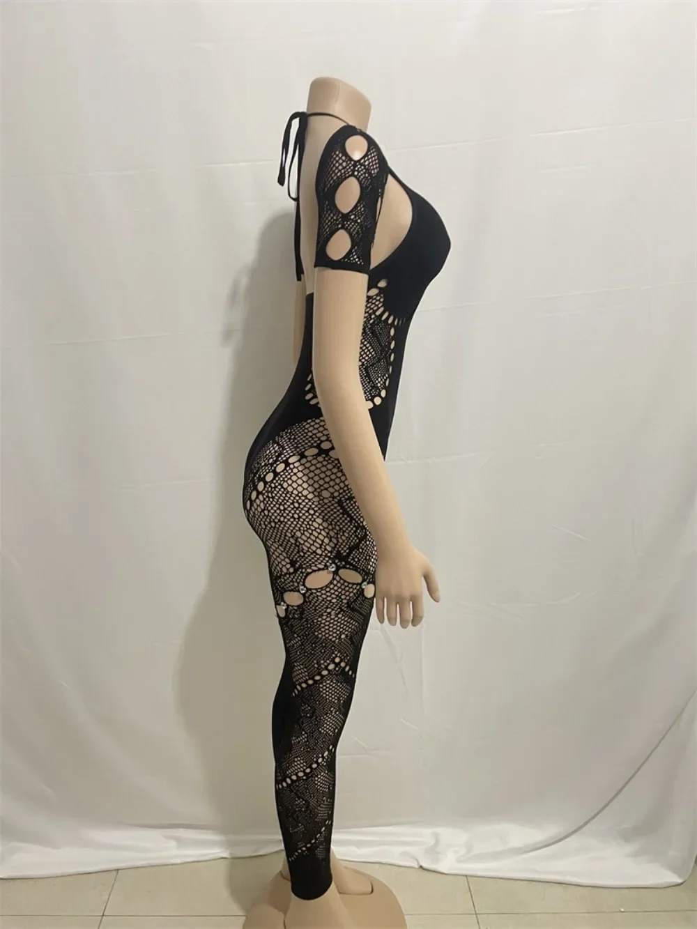 HLJ&GG Sexy Lace Hollow Bodycon Party Nightclub Jumpsuits Women Short Sleeve Skinny Pants Playsuits Female Hole Overalls 2025
