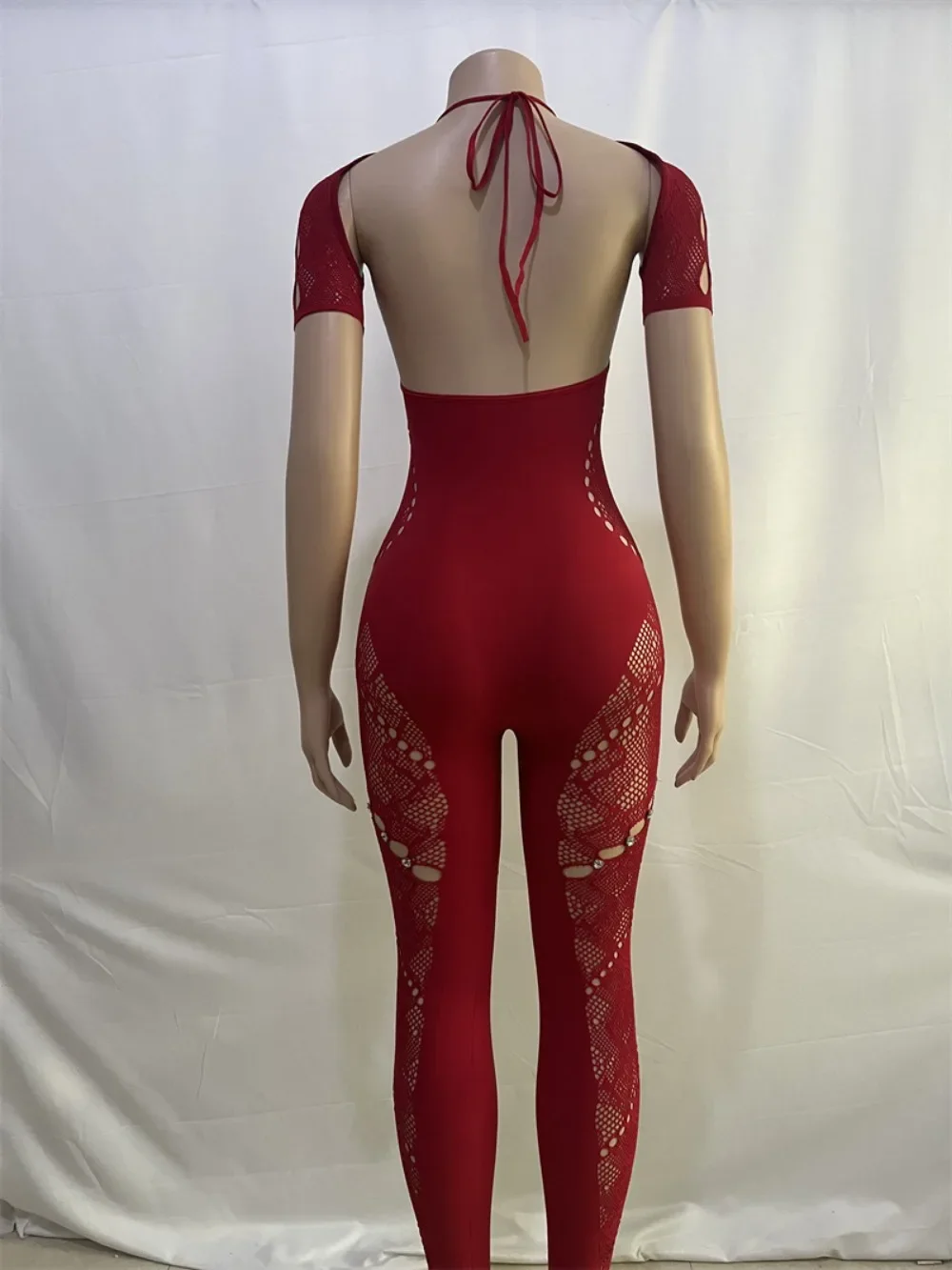 HLJ&GG Sexy Lace Hollow Bodycon Party Nightclub Jumpsuits Women Short Sleeve Skinny Pants Playsuits Female Hole Overalls 2025