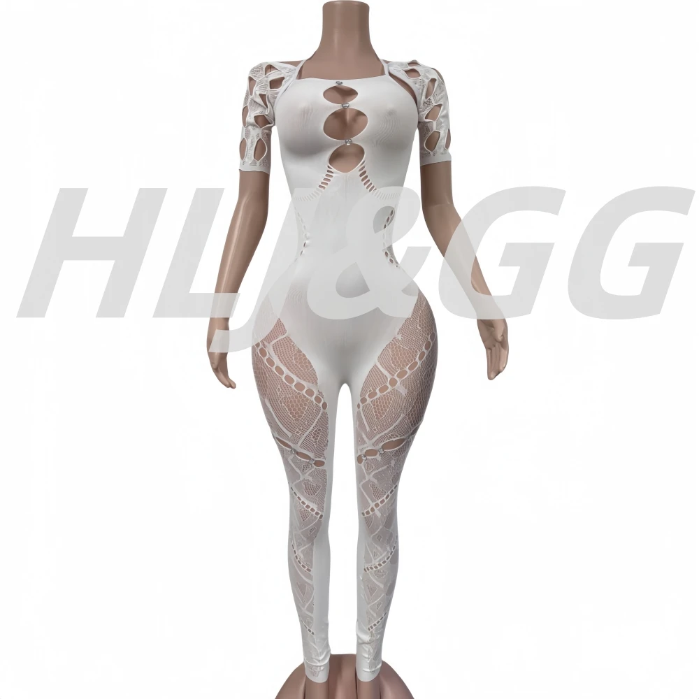 HLJ&GG Sexy Lace Hollow Bodycon Party Nightclub Jumpsuits Women Short Sleeve Skinny Pants Playsuits Female Hole Overalls 2025