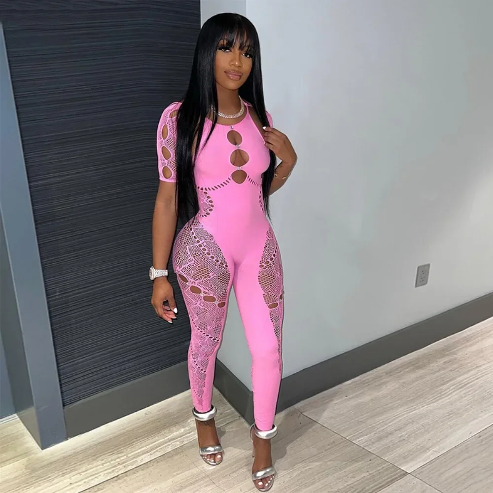 HLJ&GG Sexy Lace Hollow Bodycon Party Nightclub Jumpsuits Women Short Sleeve Skinny Pants Playsuits Female Hole Overalls 2025