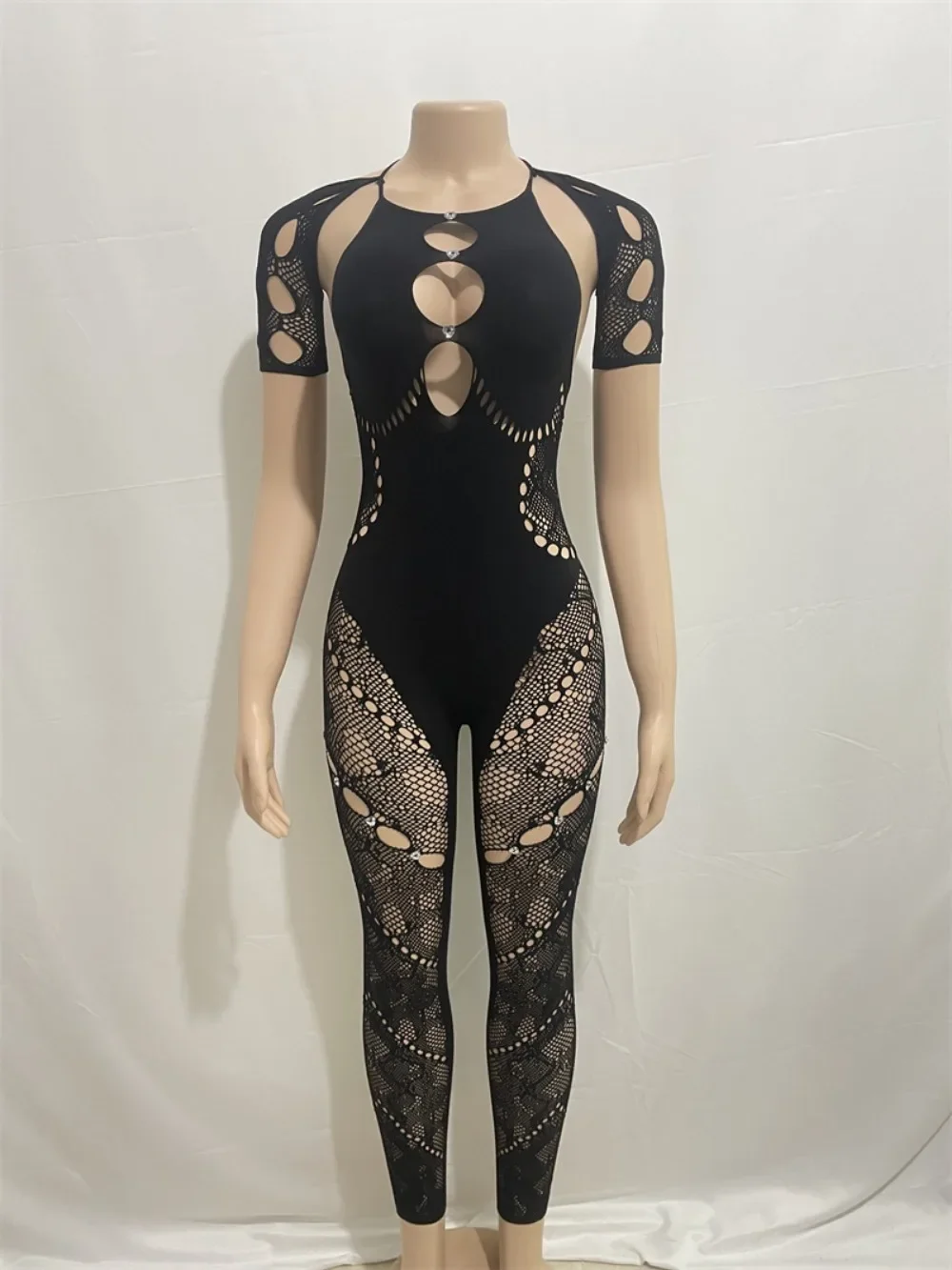 HLJ&GG Sexy Lace Hollow Bodycon Party Nightclub Jumpsuits Women Short Sleeve Skinny Pants Playsuits Female Hole Overalls 2025