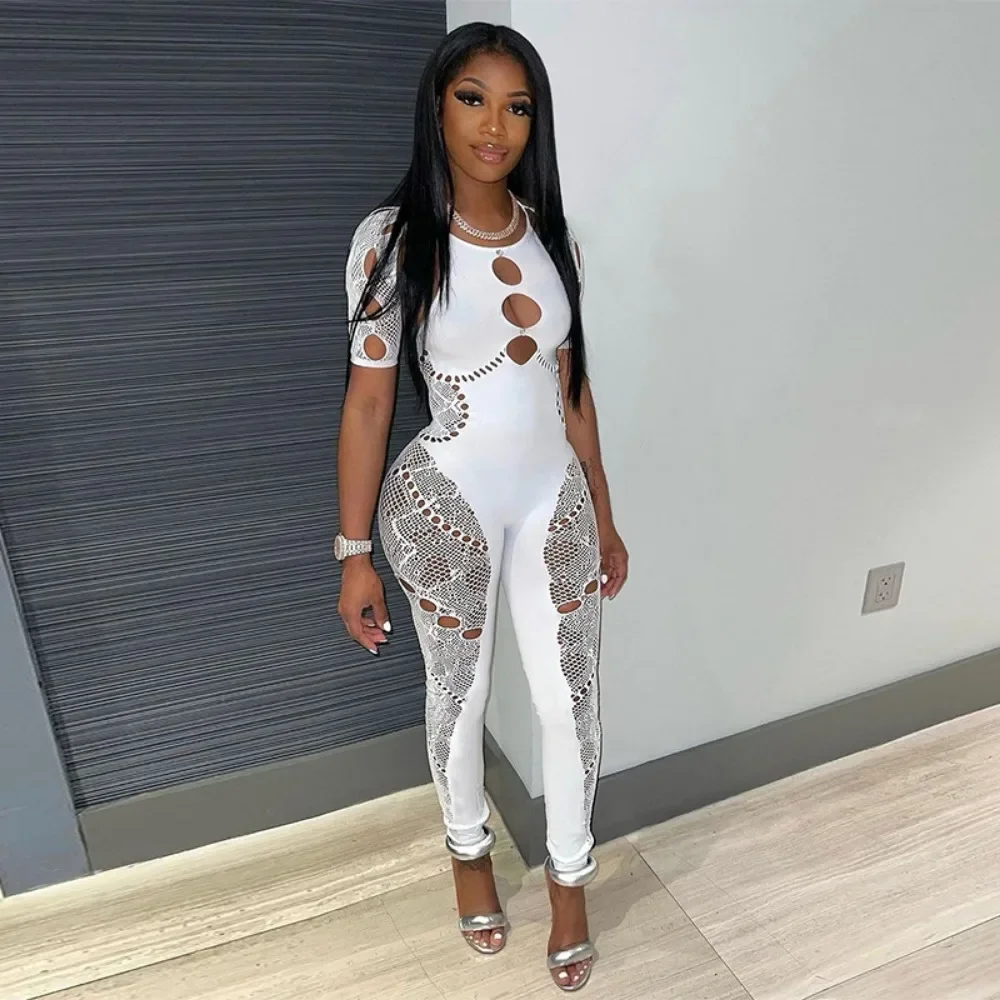 HLJ&GG Sexy Lace Hollow Bodycon Party Nightclub Jumpsuits Women Short Sleeve Skinny Pants Playsuits Female Hole Overalls 2025