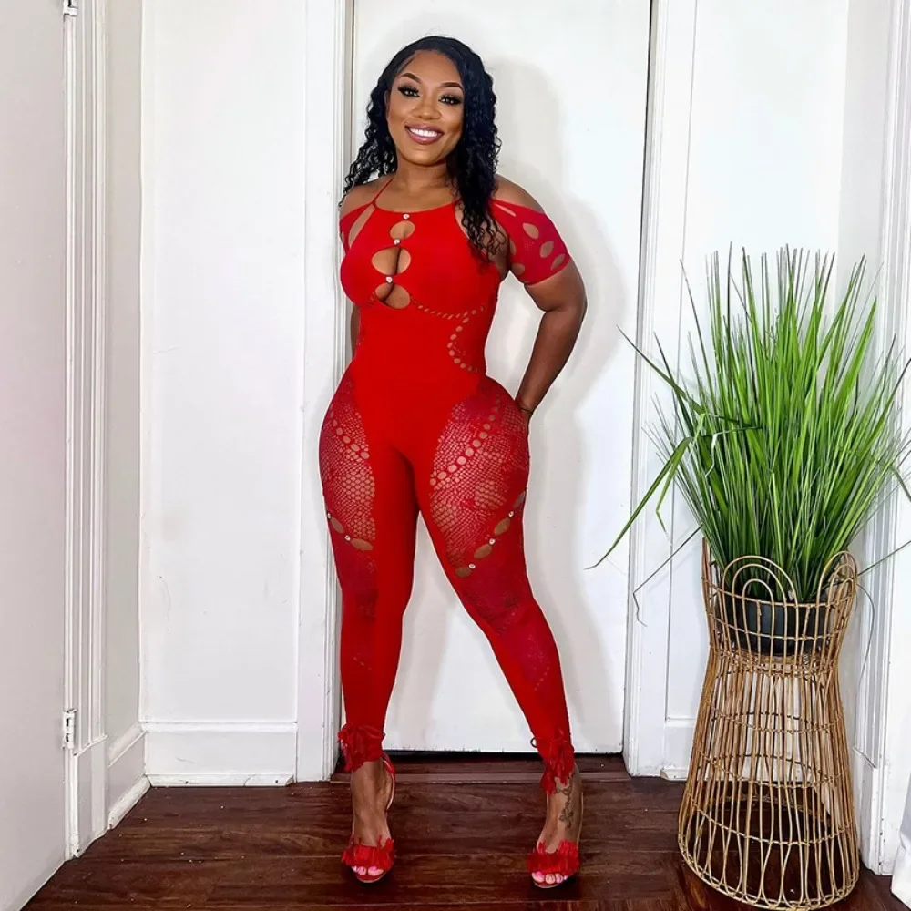 HLJ&GG Sexy Lace Hollow Bodycon Party Nightclub Jumpsuits Women Short Sleeve Skinny Pants Playsuits Female Hole Overalls 2025