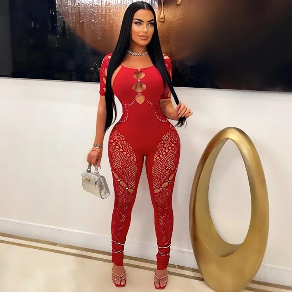 HLJ&GG Sexy Lace Hollow Bodycon Party Nightclub Jumpsuits Women Short Sleeve Skinny Pants Playsuits Female Hole Overalls 2025