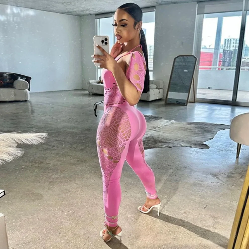 HLJ&GG Sexy Lace Hollow Bodycon Party Nightclub Jumpsuits Women Short Sleeve Skinny Pants Playsuits Female Hole Overalls 2025