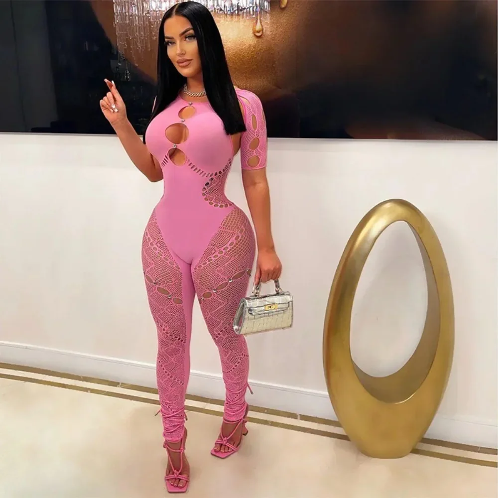 HLJ&GG Sexy Lace Hollow Bodycon Party Nightclub Jumpsuits Women Short Sleeve Skinny Pants Playsuits Female Hole Overalls 2025