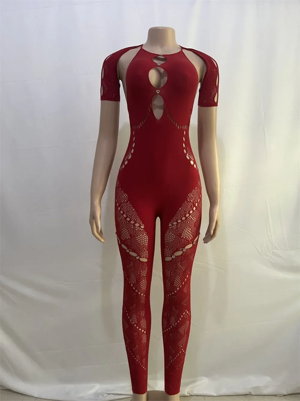 HLJ&GG Sexy Lace Hollow Bodycon Party Nightclub Jumpsuits Women Short Sleeve Skinny Pants Playsuits Female Hole Overalls 2025