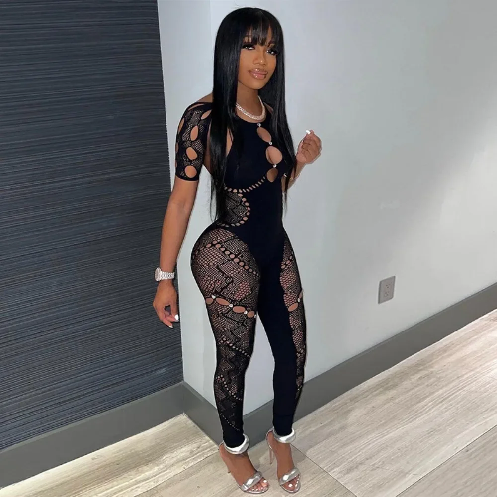 HLJ&GG Sexy Lace Hollow Bodycon Party Nightclub Jumpsuits Women Short Sleeve Skinny Pants Playsuits Female Hole Overalls 2025