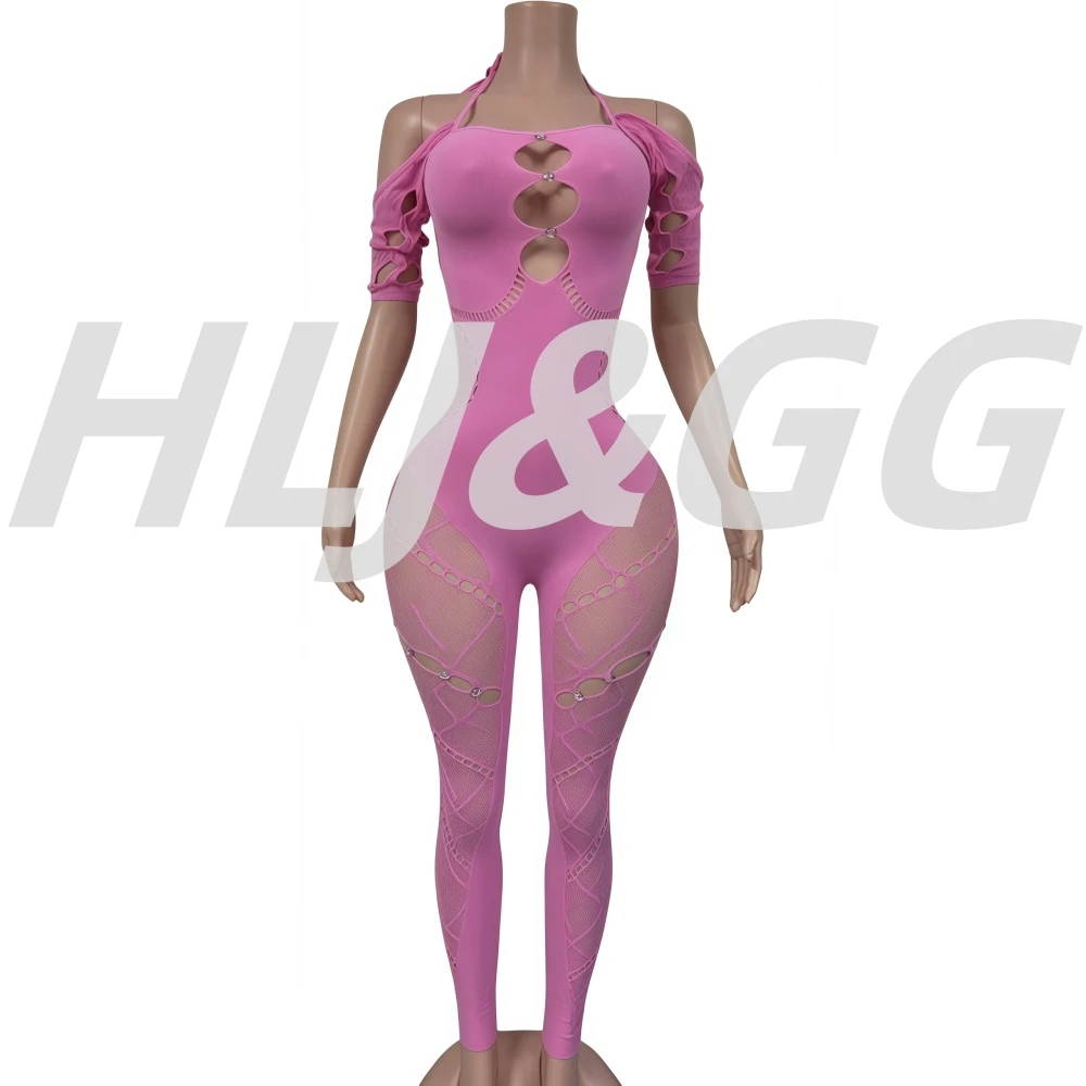 HLJ&GG Sexy Lace Hollow Bodycon Party Nightclub Jumpsuits Women Short Sleeve Skinny Pants Playsuits Female Hole Overalls 2025