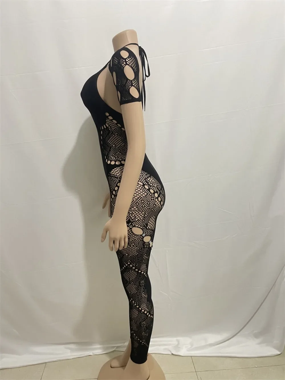 HLJ&GG Sexy Lace Hollow Bodycon Party Nightclub Jumpsuits Women Short Sleeve Skinny Pants Playsuits Female Hole Overalls 2025
