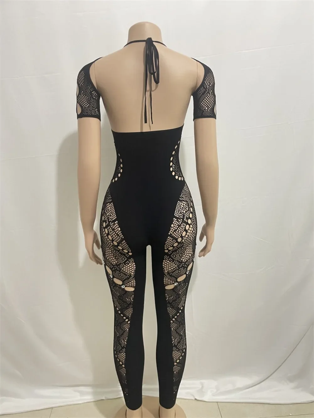 HLJ&GG Sexy Lace Hollow Bodycon Party Nightclub Jumpsuits Women Short Sleeve Skinny Pants Playsuits Female Hole Overalls 2025