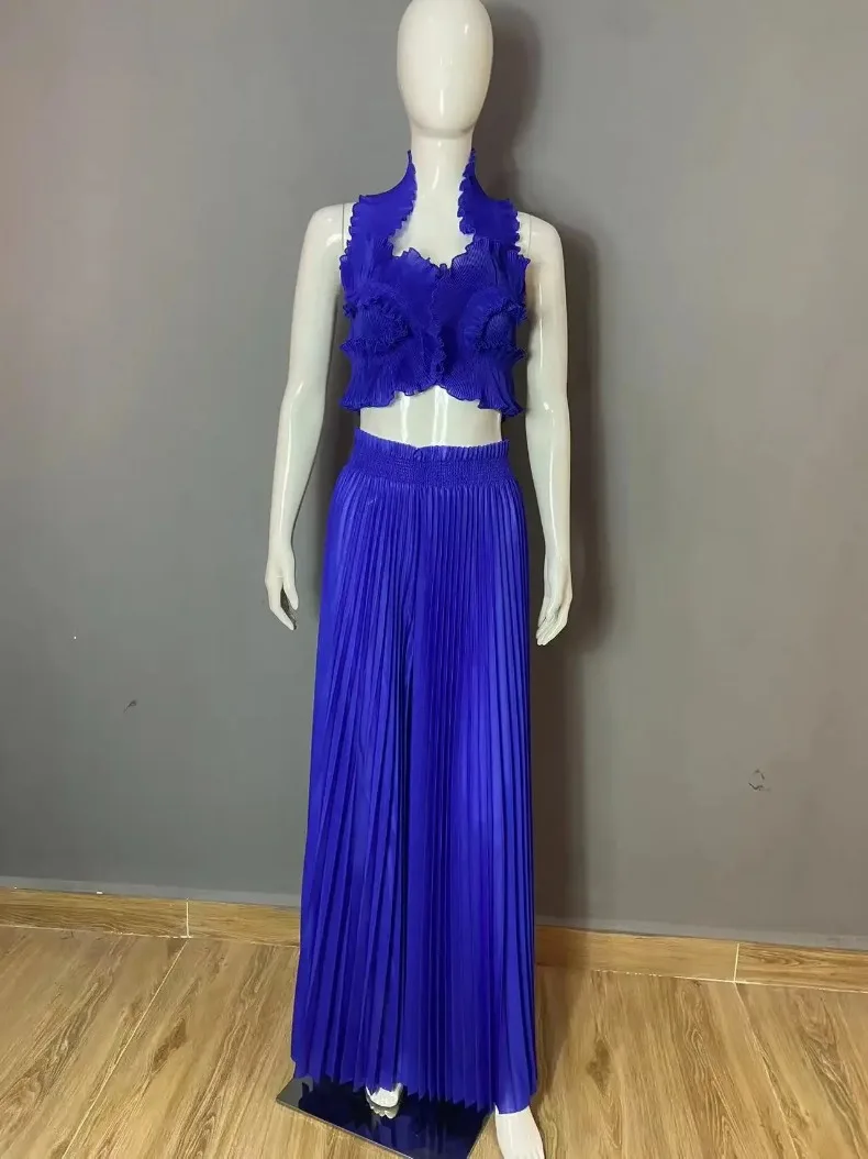 ANLAN Miyake Fold Set Women's Fashion Sleeveless Hanging Neck Top + Wide-leg Straight Pants Sexy Two-piece Sets 2025 New 9AN1502