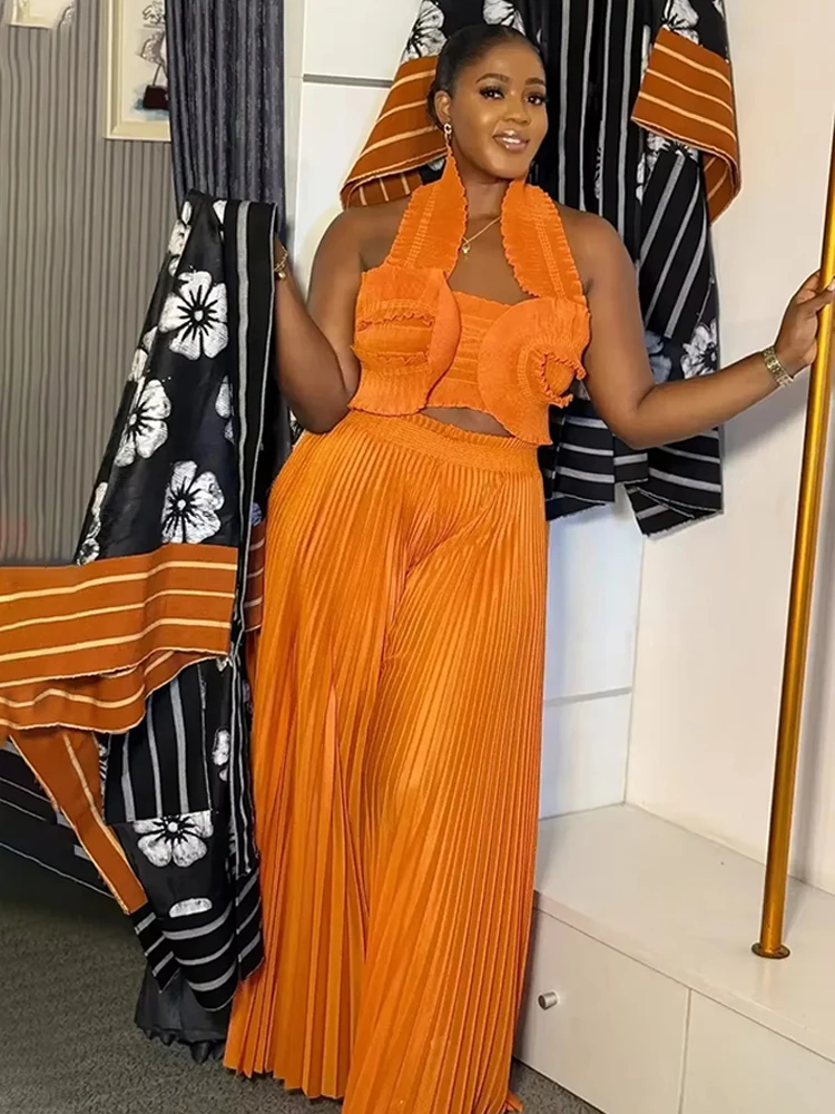 ANLAN Miyake Fold Set Women's Fashion Sleeveless Hanging Neck Top + Wide-leg Straight Pants Sexy Two-piece Sets 2025 New 9AN1502