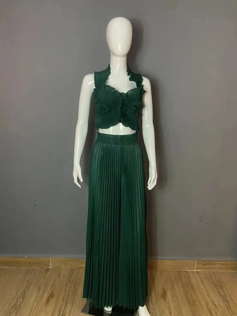ANLAN Miyake Fold Set Women's Fashion Sleeveless Hanging Neck Top + Wide-leg Straight Pants Sexy Two-piece Sets 2025 New 9AN1502