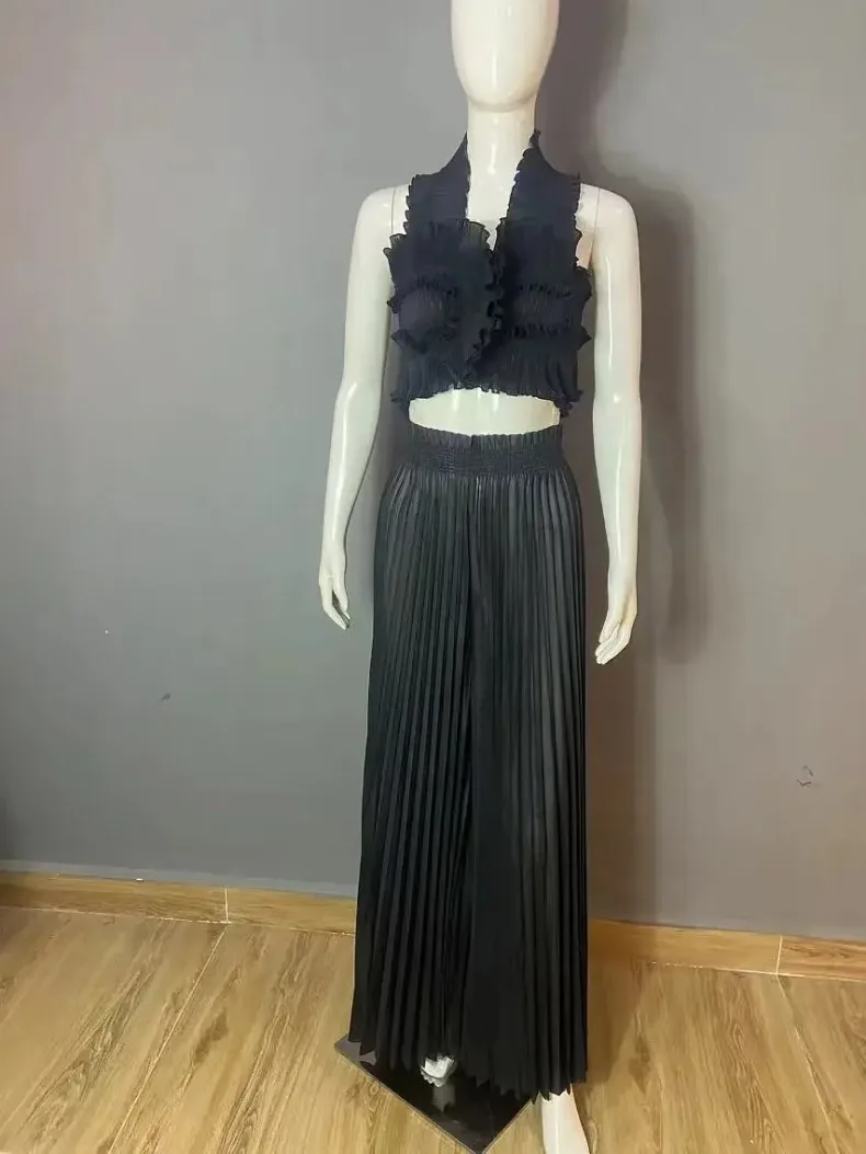 ANLAN Miyake Fold Set Women's Fashion Sleeveless Hanging Neck Top + Wide-leg Straight Pants Sexy Two-piece Sets 2025 New 9AN1502