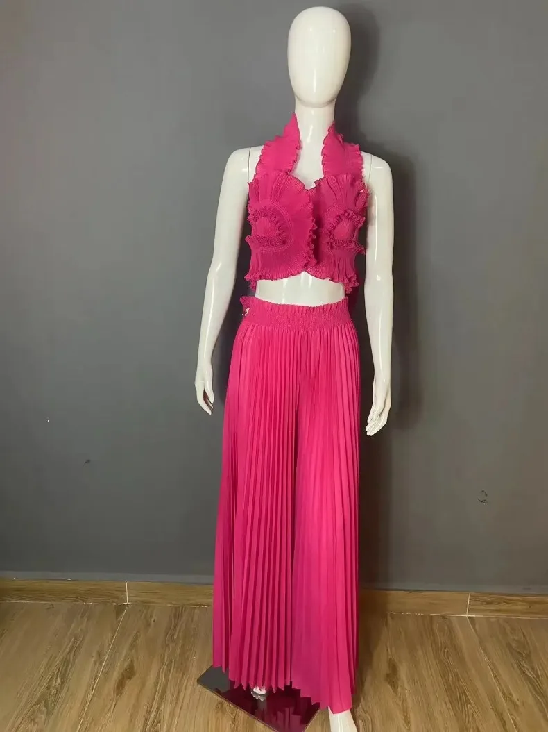 ANLAN Miyake Fold Set Women's Fashion Sleeveless Hanging Neck Top + Wide-leg Straight Pants Sexy Two-piece Sets 2025 New 9AN1502