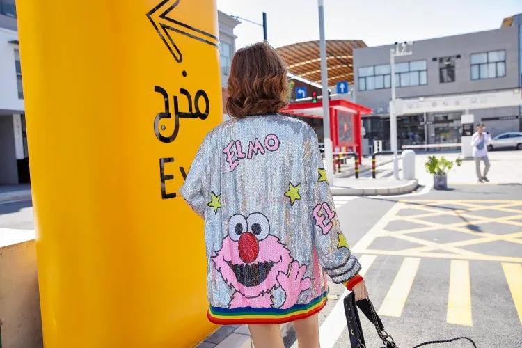 Women Zipper Sequin Jacket Punk European Funny Cartoon Coat Girls Casual Jackets American Colorful Stripes Top Fashion Outerwear