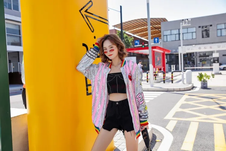 Women Zipper Sequin Jacket Punk European Funny Cartoon Coat Girls Casual Jackets American Colorful Stripes Top Fashion Outerwear