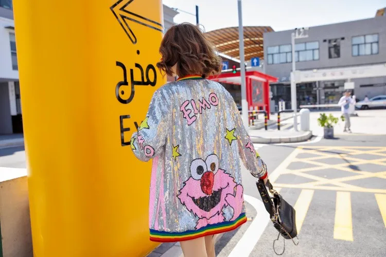 Women Zipper Sequin Jacket Punk European Funny Cartoon Coat Girls Casual Jackets American Colorful Stripes Top Fashion Outerwear