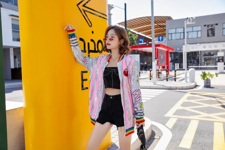 Women Zipper Sequin Jacket Punk European Funny Cartoon Coat Girls Casual Jackets American Colorful Stripes Top Fashion Outerwear