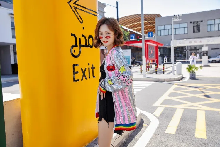 Women Zipper Sequin Jacket Punk European Funny Cartoon Coat Girls Casual Jackets American Colorful Stripes Top Fashion Outerwear