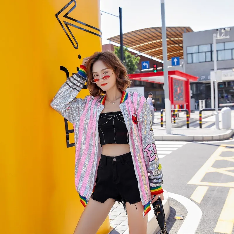 Women Zipper Sequin Jacket Punk European Funny Cartoon Coat Girls Casual Jackets American Colorful Stripes Top Fashion Outerwear