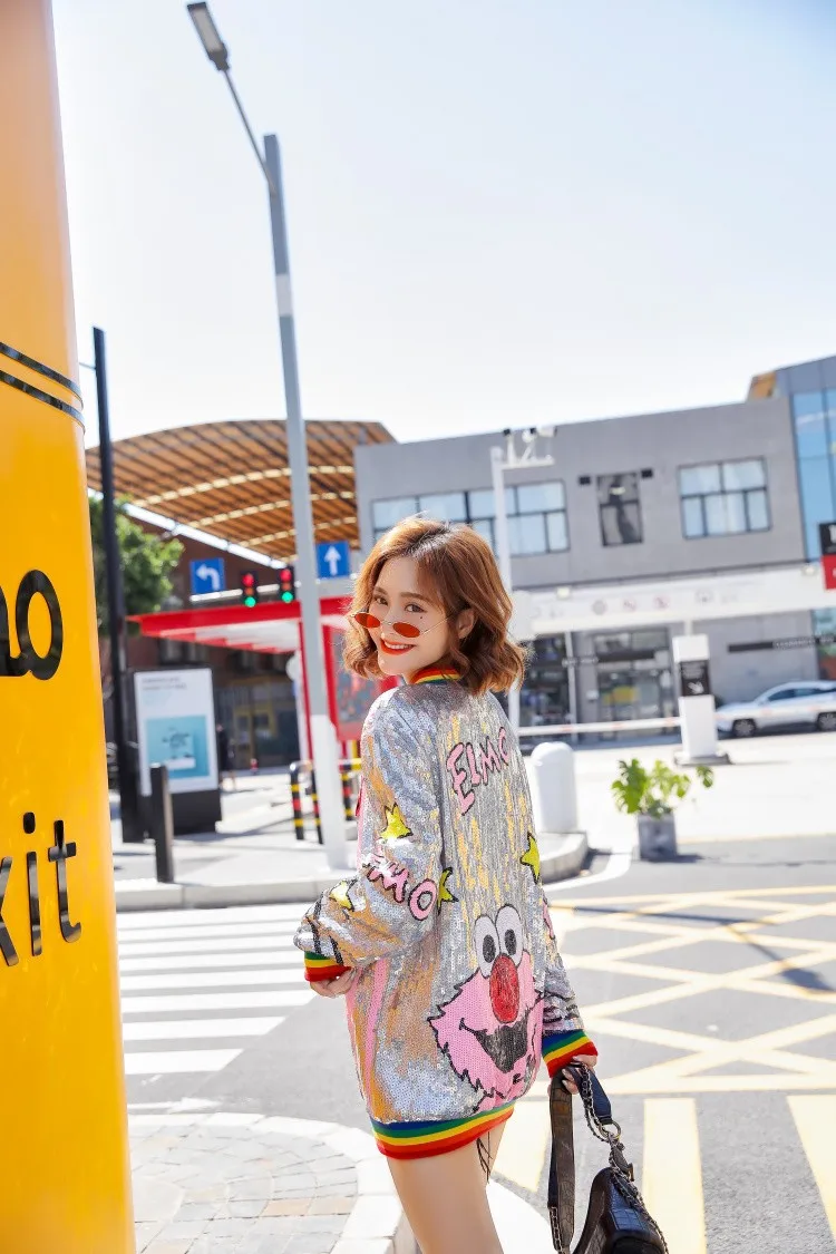 Women Zipper Sequin Jacket Punk European Funny Cartoon Coat Girls Casual Jackets American Colorful Stripes Top Fashion Outerwear