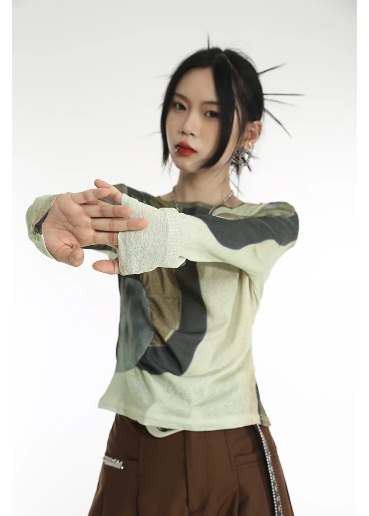 Karrcat Cyber Y2k Tops Japanese Harajuku Patchwork T-shirt Grunge Gradient Print Crop Tops Korean Fashion Chic Streetwear 00s
