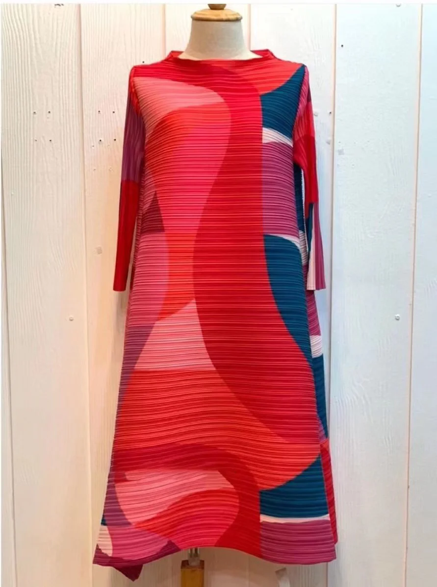 2024 Pleated Dress Women Hit Color Geometric With Belt Sashes Over Size Long Sweet Casual New Spring Fashion Tide Spot