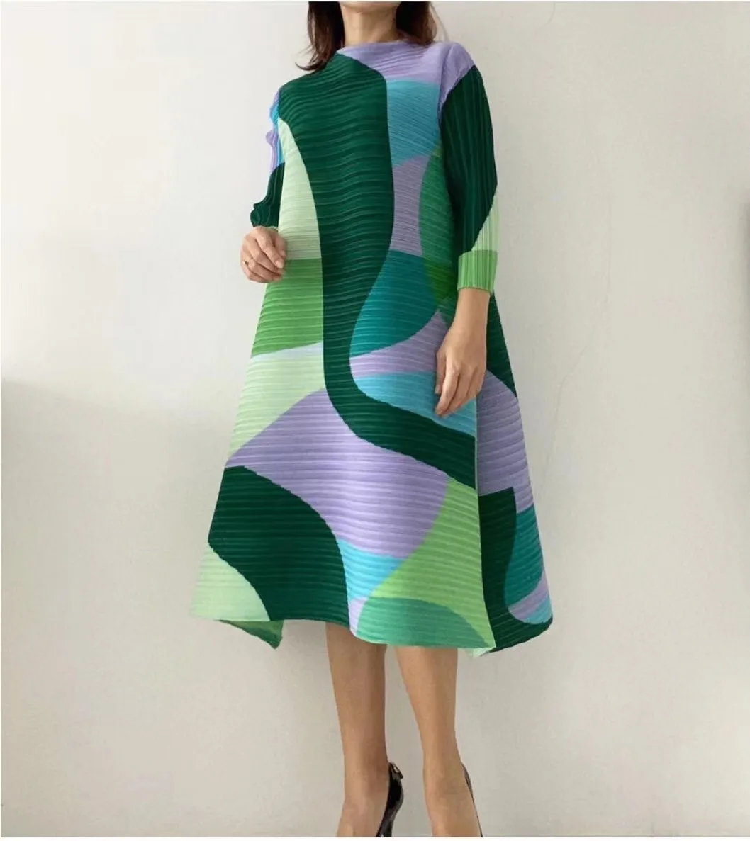 2024 Pleated Dress Women Hit Color Geometric With Belt Sashes Over Size Long Sweet Casual New Spring Fashion Tide Spot
