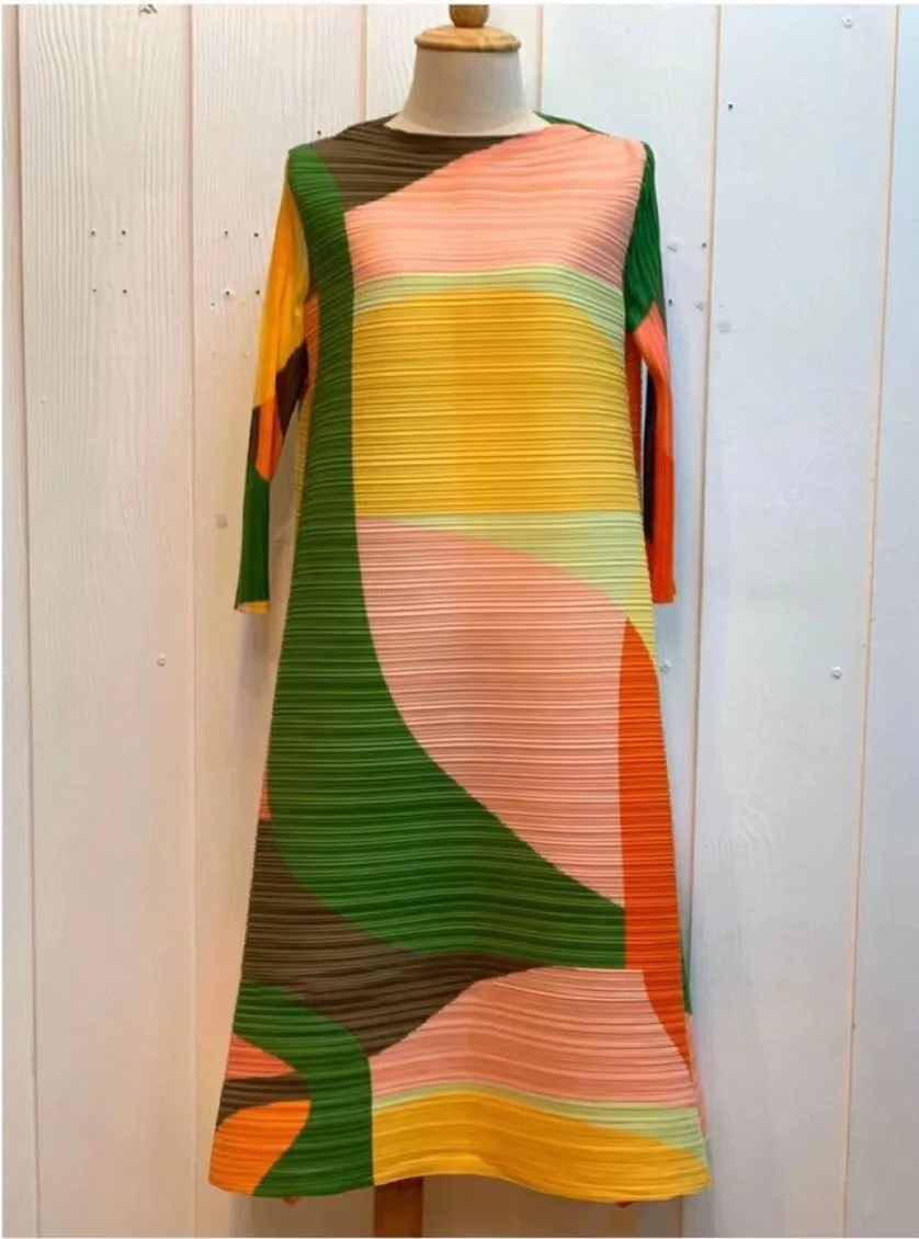 2024 Pleated Dress Women Hit Color Geometric With Belt Sashes Over Size Long Sweet Casual New Spring Fashion Tide Spot