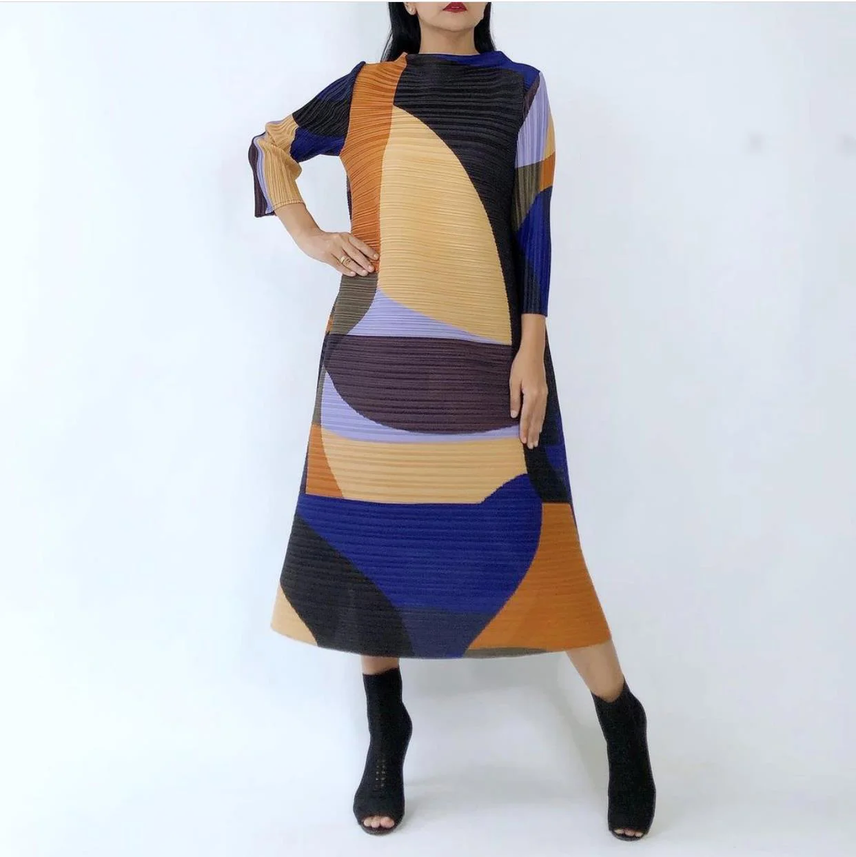 2024 Pleated Dress Women Hit Color Geometric With Belt Sashes Over Size Long Sweet Casual New Spring Fashion Tide Spot