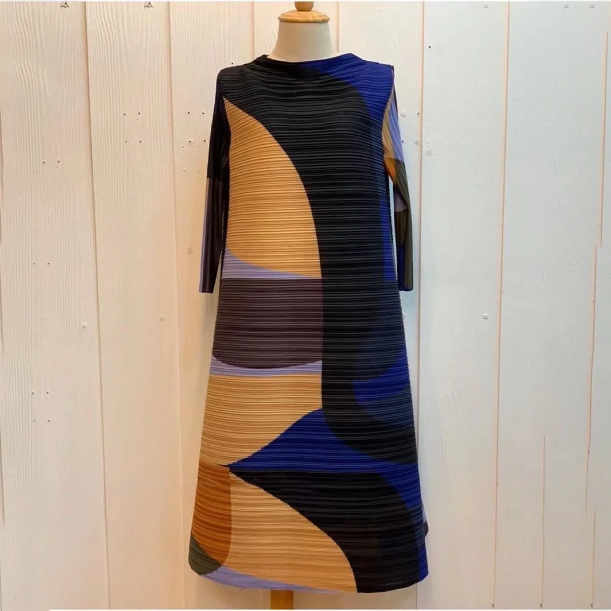 2024 Pleated Dress Women Hit Color Geometric With Belt Sashes Over Size Long Sweet Casual New Spring Fashion Tide Spot
