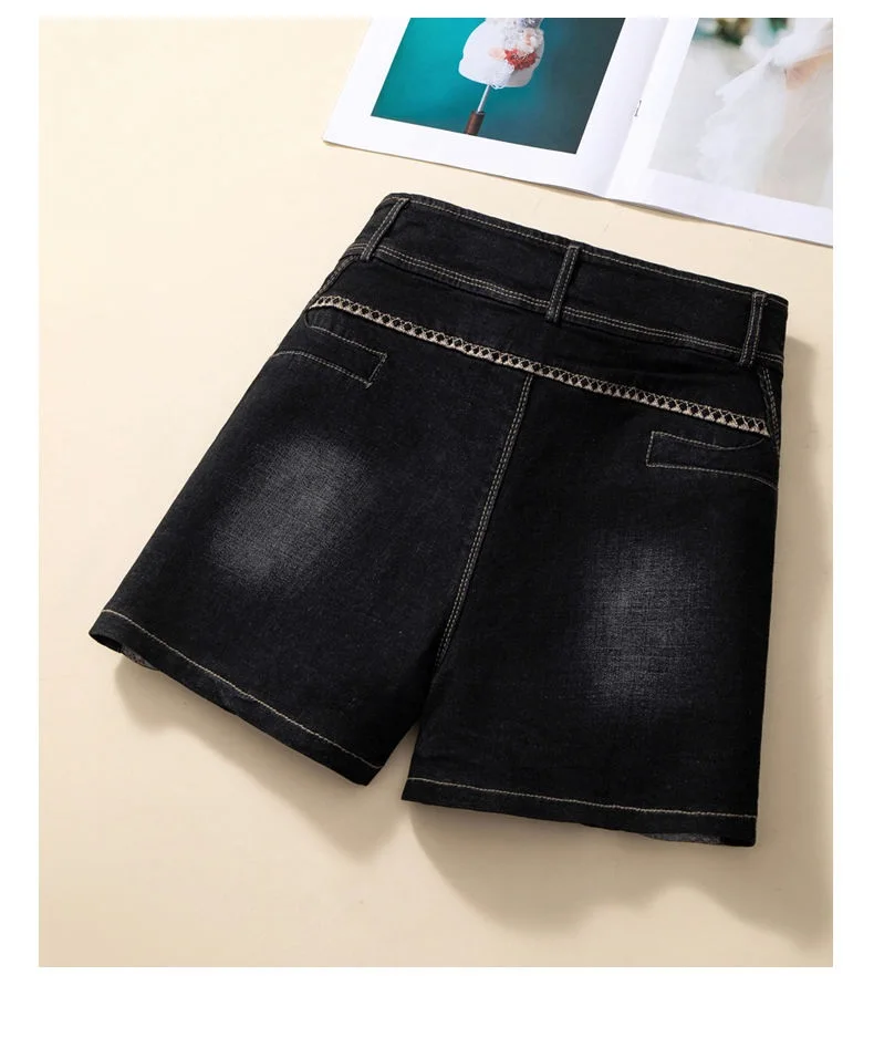 Stretch Denim Shorts Women's New Summer Thin Korean High Waist Straight Tube A-line Hot Pants Black Blue Casual Female Shorts
