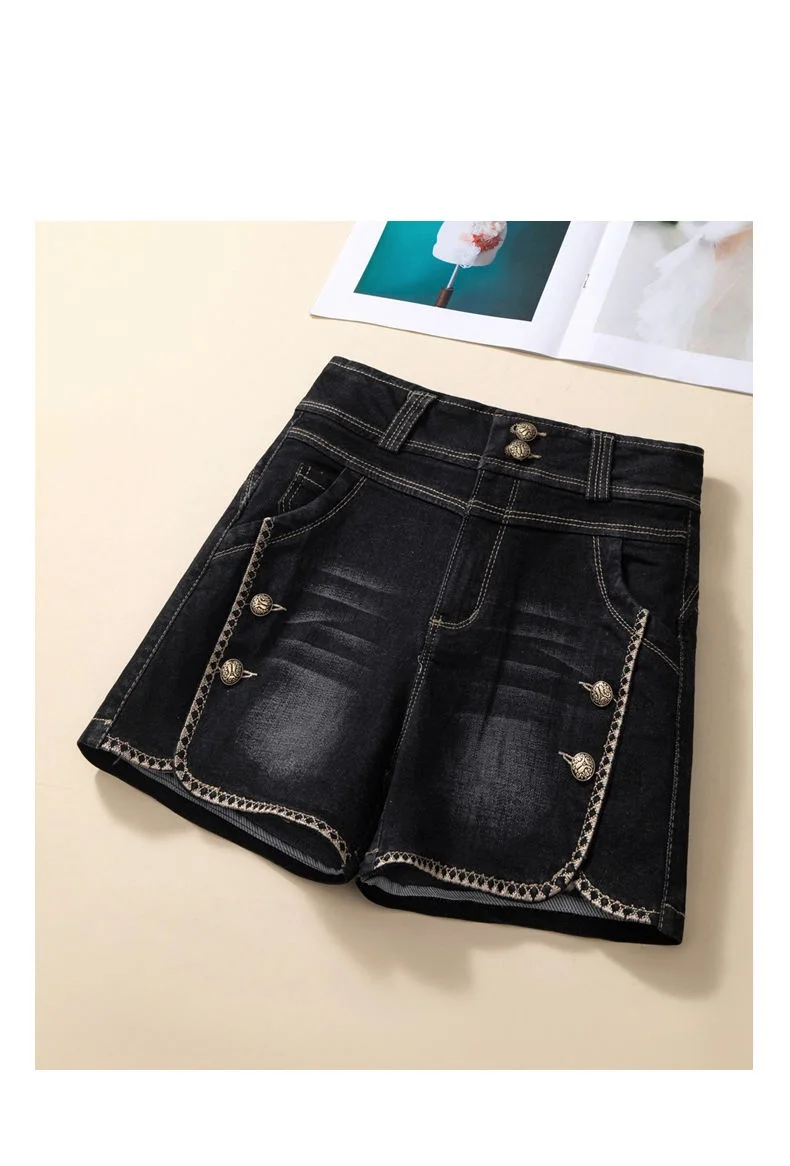 Stretch Denim Shorts Women's New Summer Thin Korean High Waist Straight Tube A-line Hot Pants Black Blue Casual Female Shorts