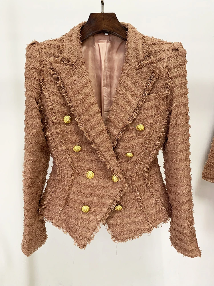 HIGH STREET Newest 2026 A/W Designer Jacket Women's Classic Lion Buttons Tassel Fringed Tweed Blazer
