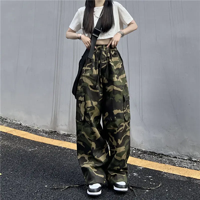 American Vintage Camouflage Cargo Pants Women Summer New Streetwear Loose Straight Wide Leg Trousers Woman
