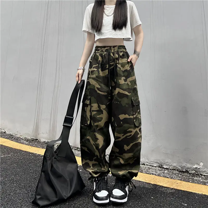 American Vintage Camouflage Cargo Pants Women Summer New Streetwear Loose Straight Wide Leg Trousers Woman