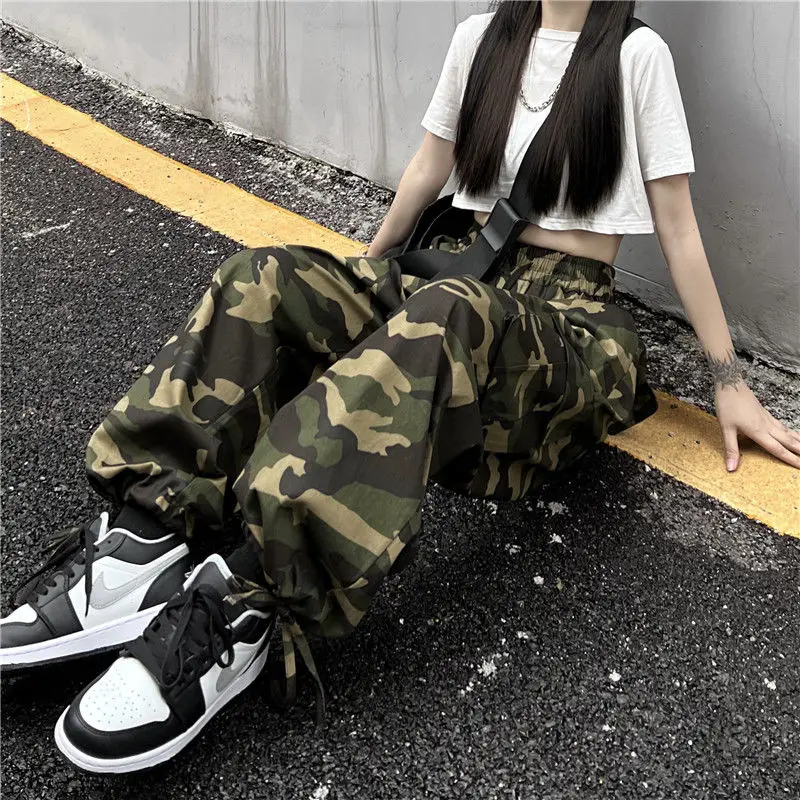 American Vintage Camouflage Cargo Pants Women Summer New Streetwear Loose Straight Wide Leg Trousers Woman
