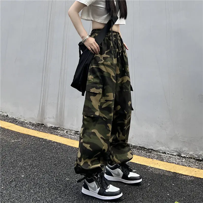 American Vintage Camouflage Cargo Pants Women Summer New Streetwear Loose Straight Wide Leg Trousers Woman