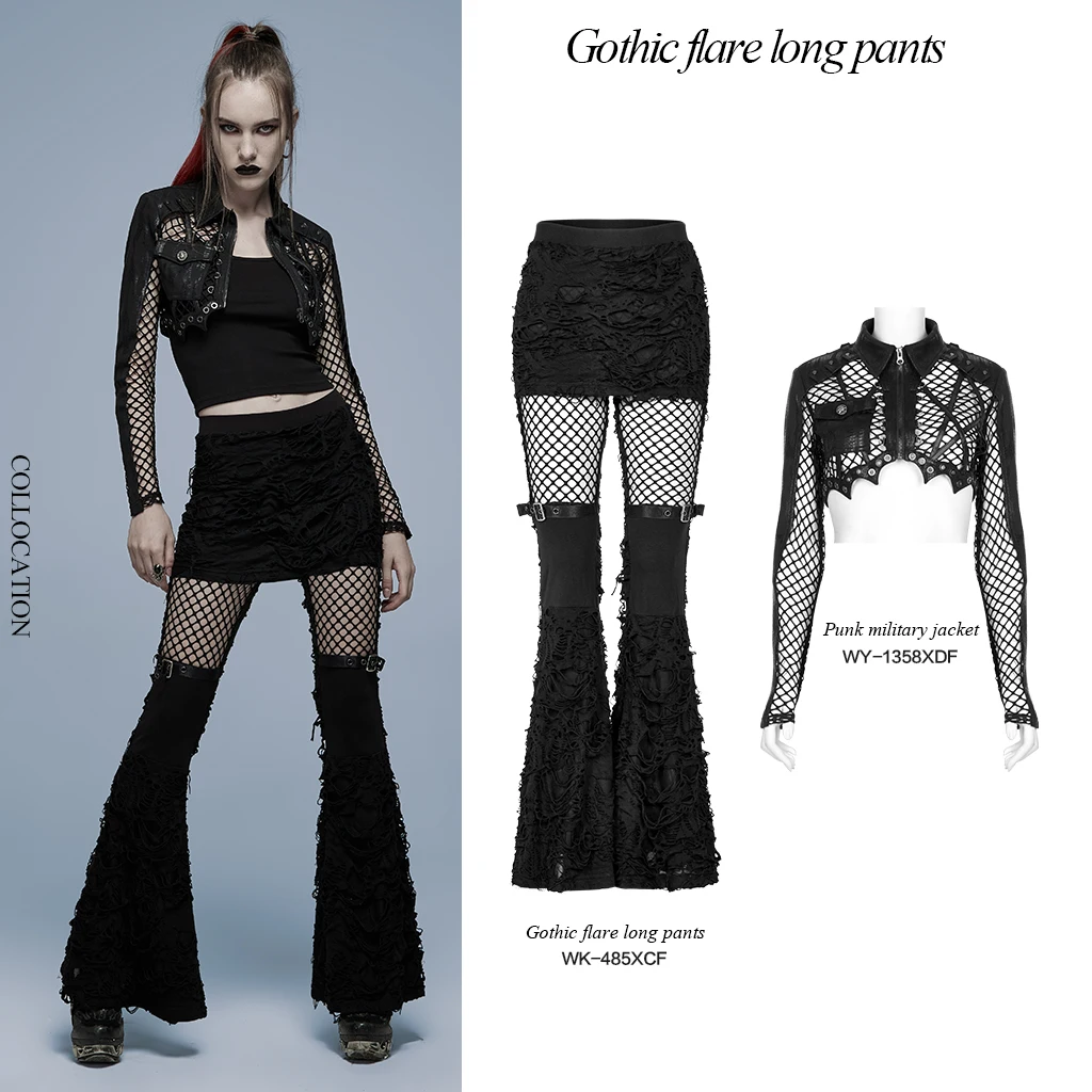 PUNK RAVE Women's Gothic Skirt-like Cutting and Mesh Together Flare Pants Punk Sexy Transparent Black Trousers Spring/Autumn