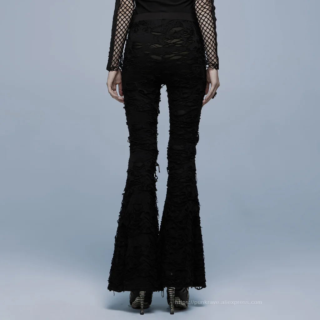 PUNK RAVE Women's Gothic Skirt-like Cutting and Mesh Together Flare Pants Punk Sexy Transparent Black Trousers Spring/Autumn