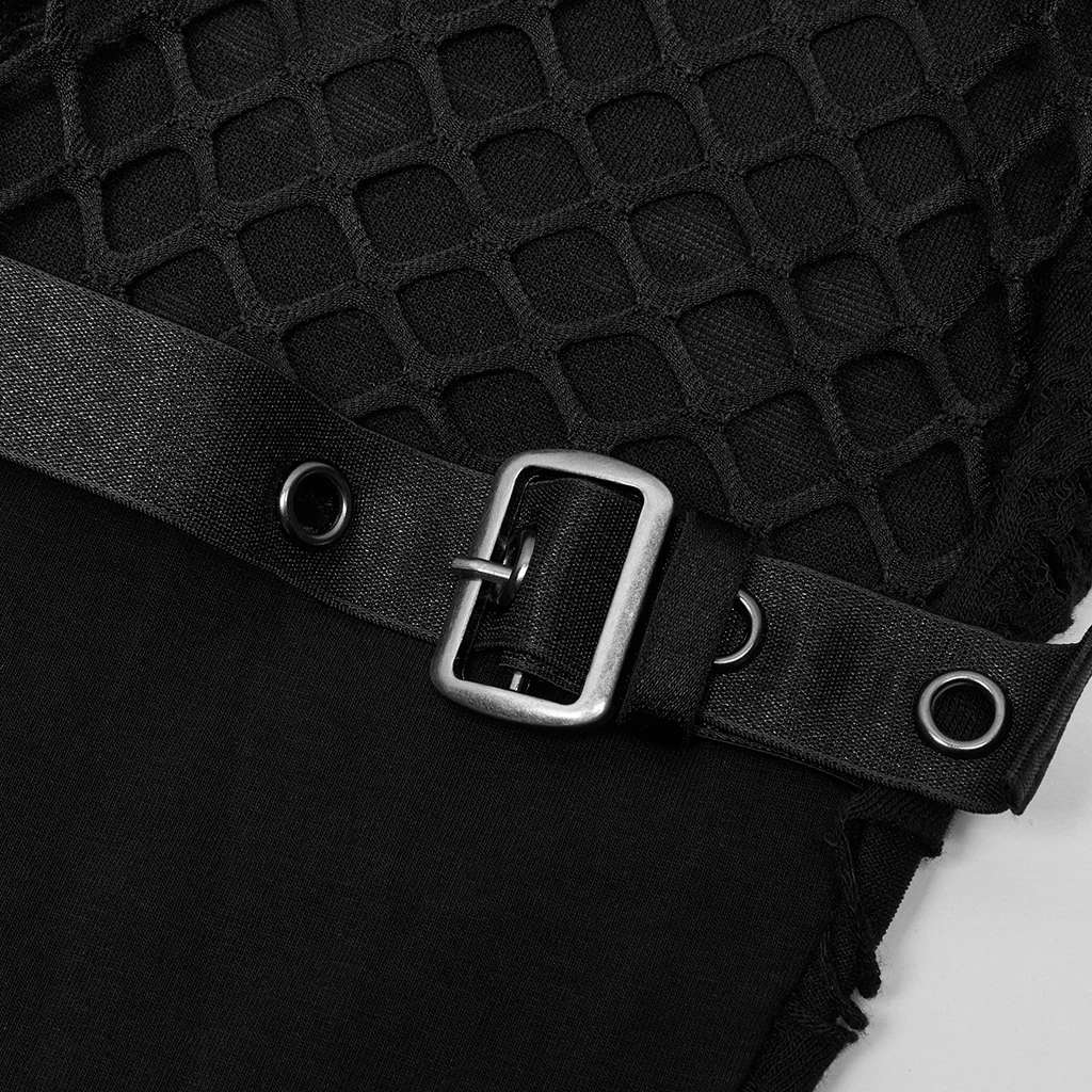 PUNK RAVE Women's Gothic Skirt-like Cutting and Mesh Together Flare Pants Punk Sexy Transparent Black Trousers Spring/Autumn