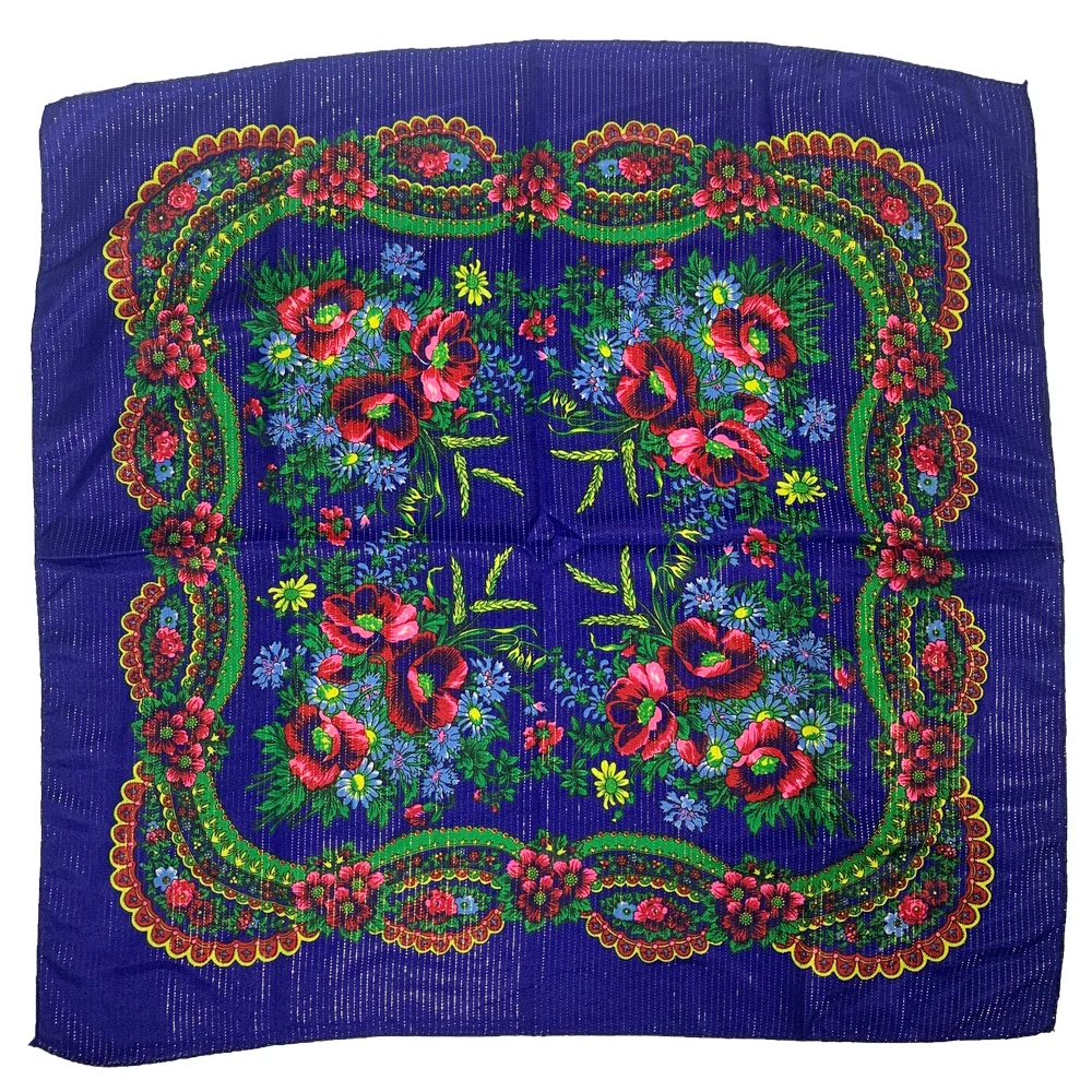 70cm Gold Thread Floral Printed Russian Scarf Ukrainian Shawl Babushka Square Bandana Female Head Wrap Scarf