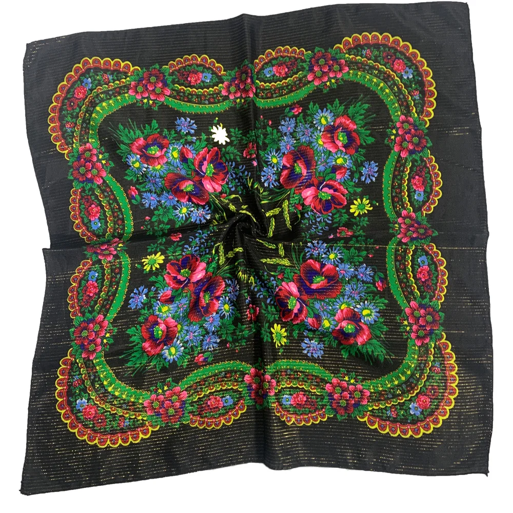 70cm Gold Thread Floral Printed Russian Scarf Ukrainian Shawl Babushka Square Bandana Female Head Wrap Scarf