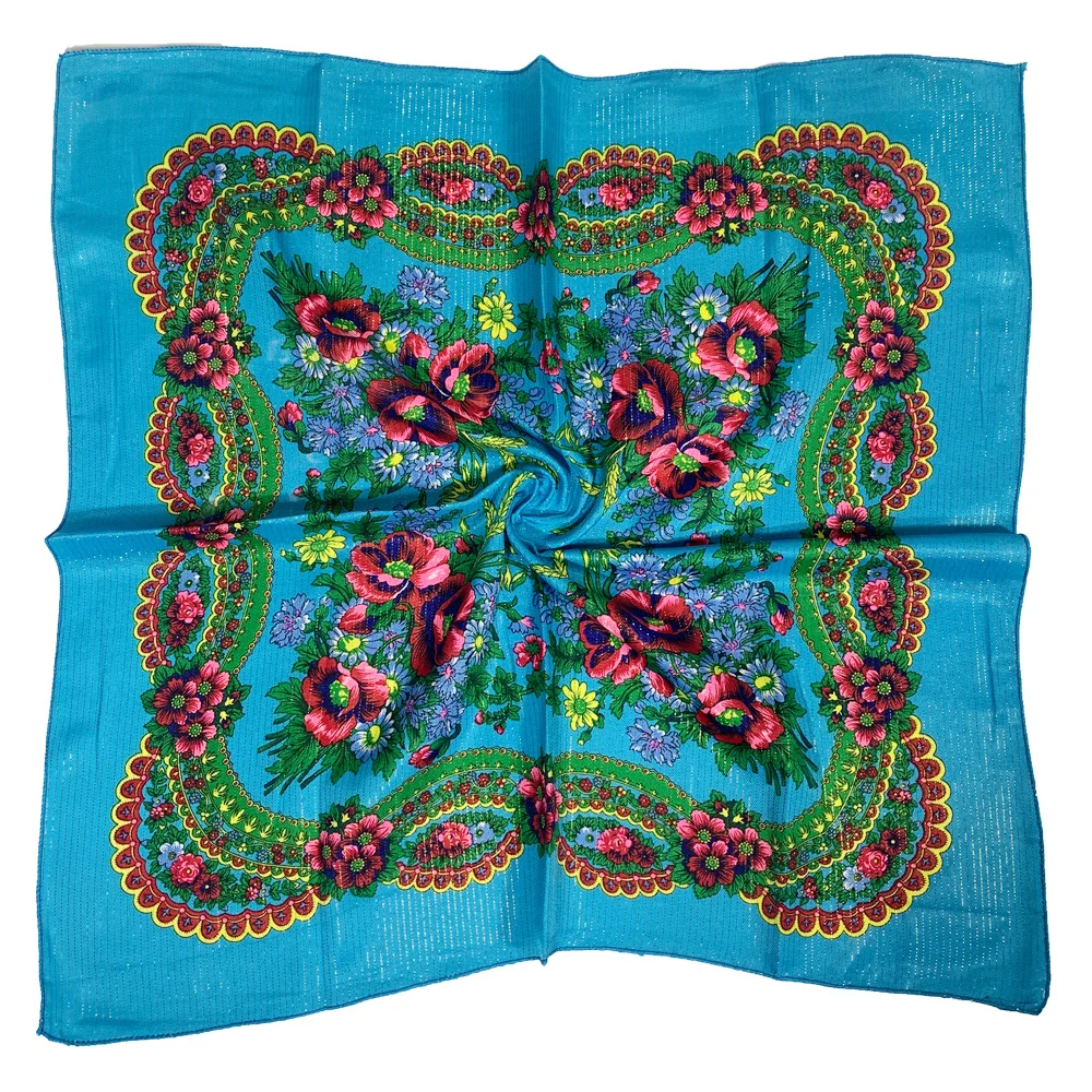 70cm Gold Thread Floral Printed Russian Scarf Ukrainian Shawl Babushka Square Bandana Female Head Wrap Scarf