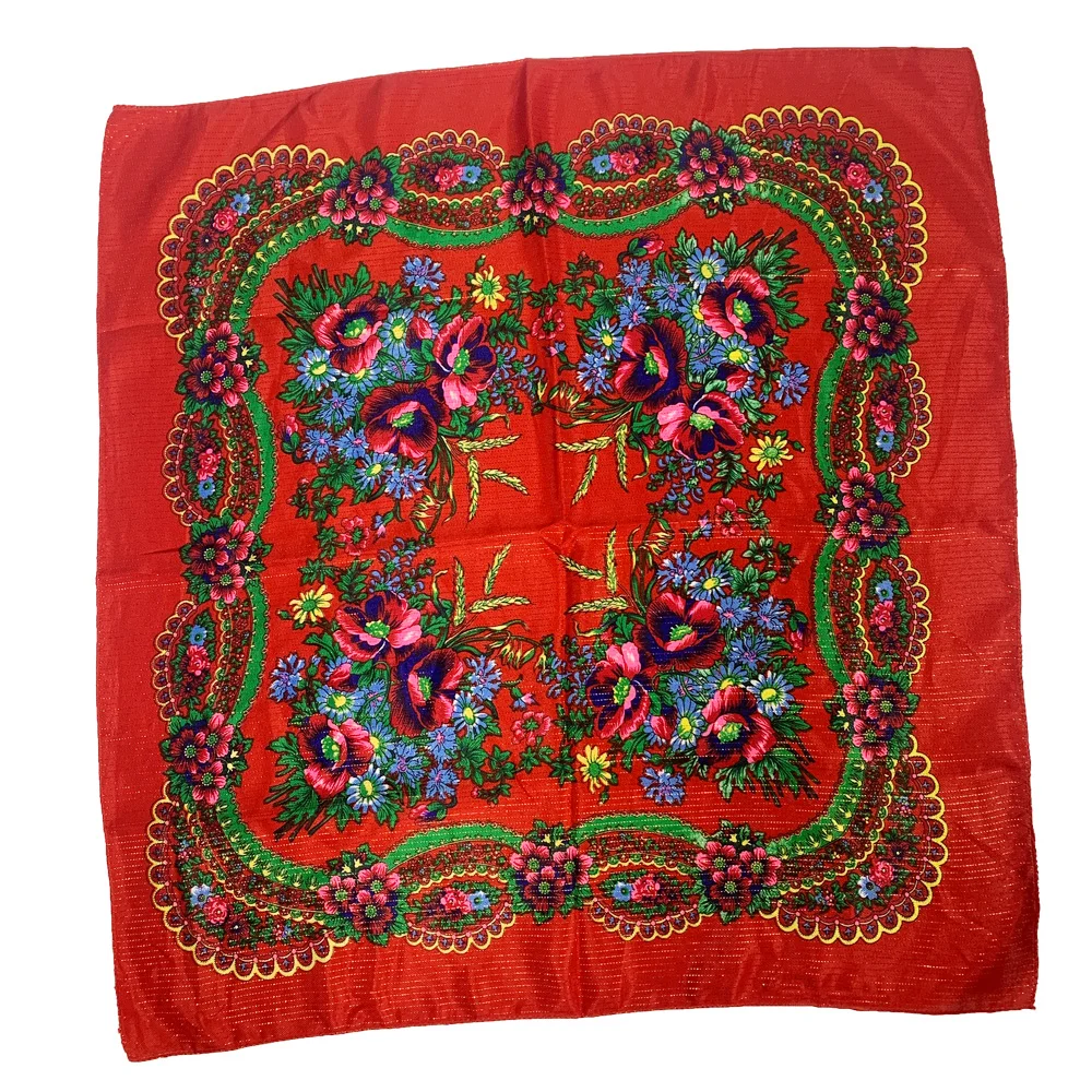 70cm Gold Thread Floral Printed Russian Scarf Ukrainian Shawl Babushka Square Bandana Female Head Wrap Scarf