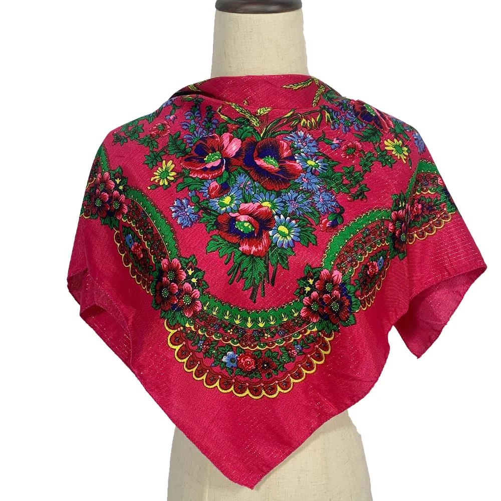 70cm Gold Thread Floral Printed Russian Scarf Ukrainian Shawl Babushka Square Bandana Female Head Wrap Scarf